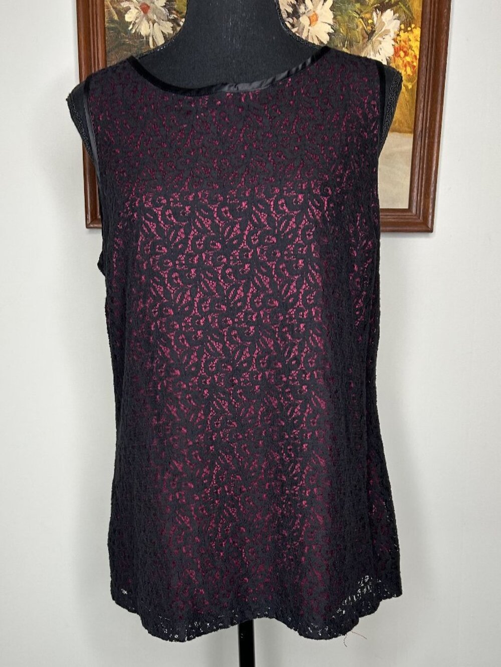 AGB Sleeveless Lace Blouse Top Women's Large Round Neck Black Pink Casual